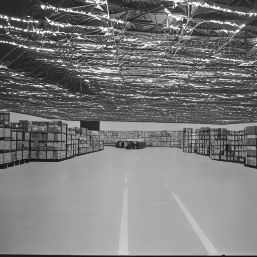 Image similar to 3 5 mm photo of the inside of an amazon warehouse at night