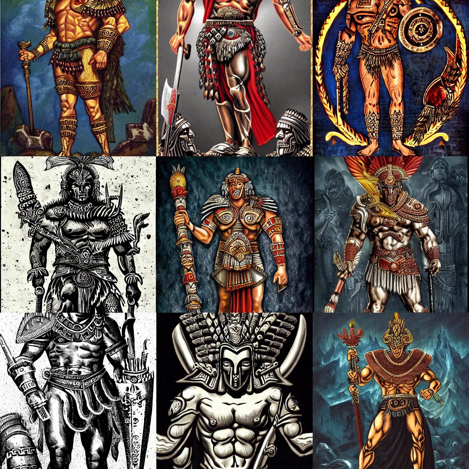 Prompt: Ares the greek god of war depicted as an Aztec god, Mexican folklore, highly detailed, realistic, Aztec mythology, Greek mythology, brutal depiction, fear, hellish, folklore