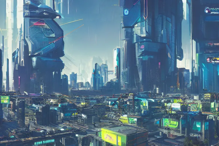 Image similar to future utopian city in the style of a cyberpunk 2 0 7 7 screenshot, concept art, artstation, deviantart, behance, highly detailed