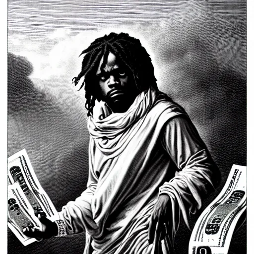 Image similar to highly accurate cheef keef rapper holding stacks of cash, biblical image, style of gustave dore, highly detailed, beautiful, high contrast, black and white