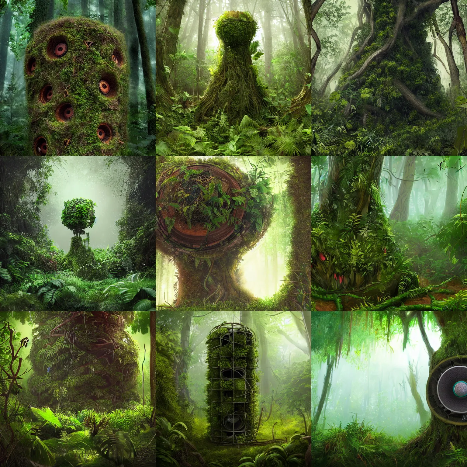 Prompt: A massive overgrown speaker in a forest with trees and plants growing on it, overgrown with lush plants, thick and dense vines, digital art, trending on Artstation