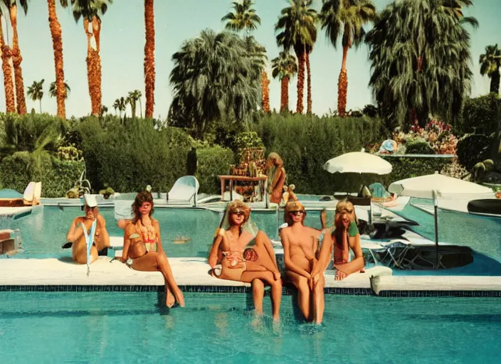 Image similar to a detailed photograph of 1 9 7 0 s palm springs backyard pool by slim aarons, poolside glamour, photoreal, getty images, 4 k