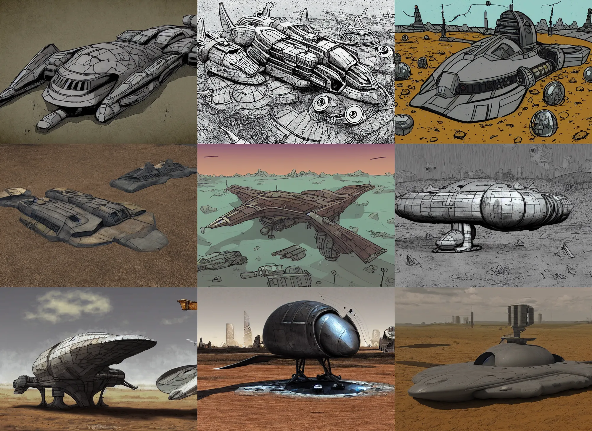 Prompt: cartoon style retro dystopian starship with armor plating landing on the muddy ground