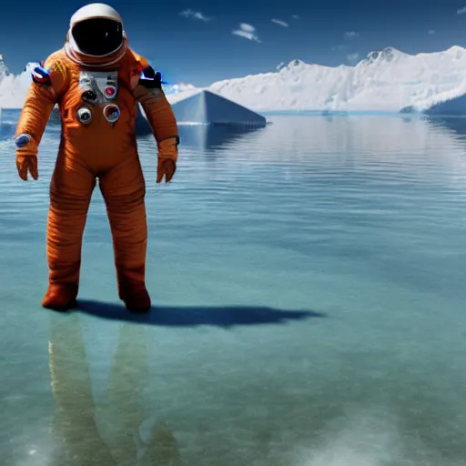 Image similar to ultra-realistic octane render of astronaut standing in the water of Lake Baikal and looking at the mountains. Trending on artstation