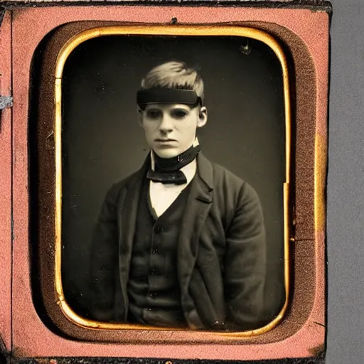 Image similar to tintype photo of a man from the 1800s using a wired vr headset