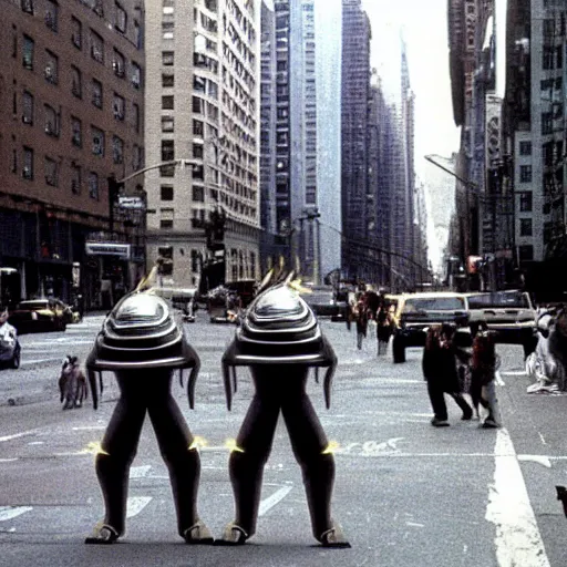 Image similar to new york city invaded by aliens, 1 9 9 0 archival photo