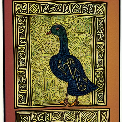 Prompt: book of kells, illustration of a duck, dye on calfskin