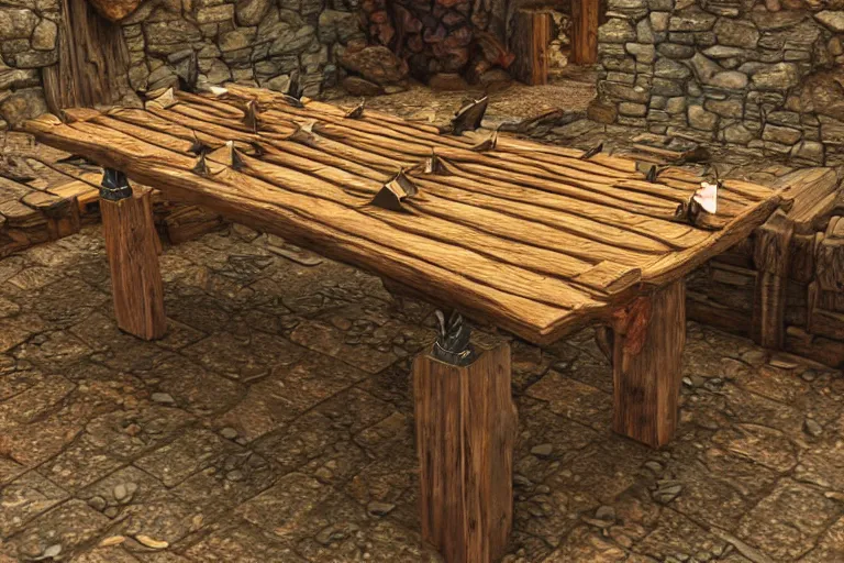 Prompt: a rustic rectangle wooden table with lots of spikes sticking out of it. Dungeons and dragons fantasy digital art, artstation highquality 4k