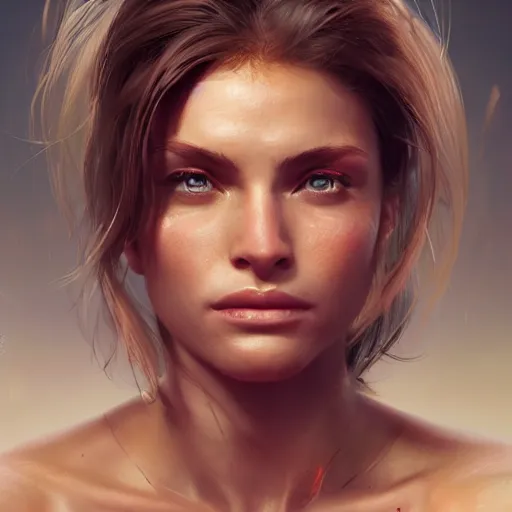 Image similar to a very beautiful and pretty woman with muscles, digital art, photorealistic, unreal engine, 8 k resolution, artstation, beautiful face, pretty face, very detailed eyes, by wlop, greg rutkowski, simon bosley