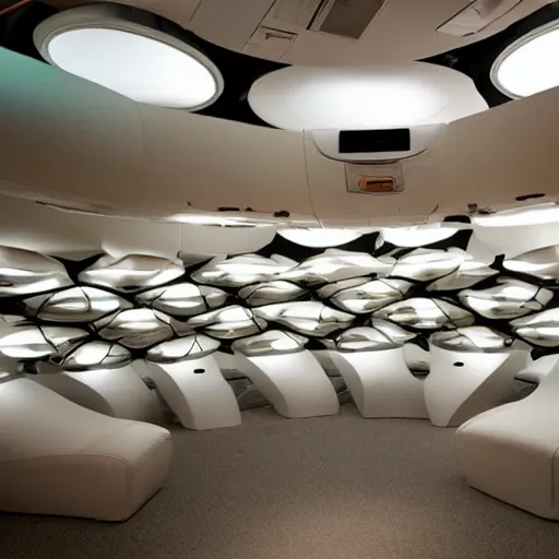 Image similar to cybernetic healing pods, diverse healing pods, humans in healing pods, from the side, floating bodies, wide wide angle, vivid, elaborate, highly detailed, beautiful lighting