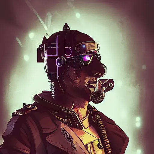 Prompt: cyberpunk pirate as the leader of a futuristic communist nation, cybernetics, sharp lines, digital, artstation, colored in