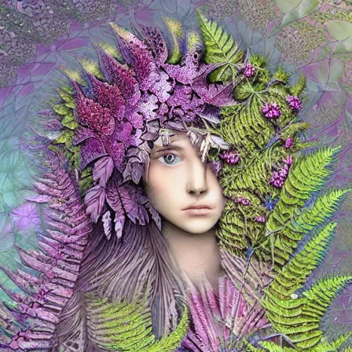 Prompt: an knight, stern face, clear eyes, shining armour made of steel and flowers, and fractal flowery hair in a fractal garden, glowing delicate flower and ferns that grow in a dark fatansy forest,