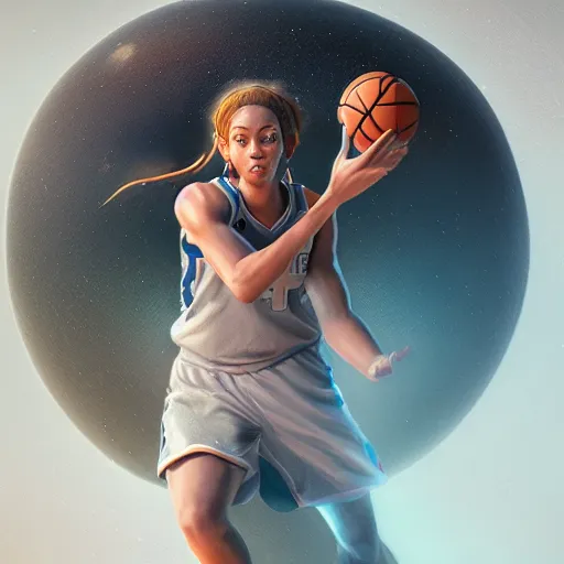 Prompt: a basketball player goddess rolling a planet on finger like a ball in space, highly detailed, digital painting, artstation, octane render, concept art, matte, sharp focus, illustration