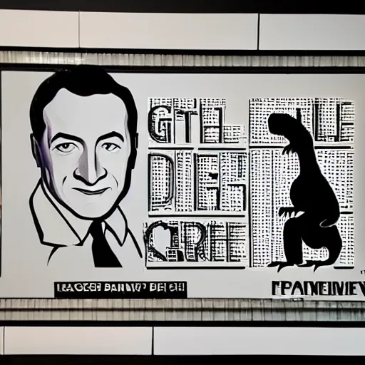 Image similar to beautiful lifelike painting of gene kelly demanding a refund on undercooked overpriced dinosaur steak in downtown dive bar bistro, hyperreal detailed facial features and uv lighting, ascii art by ed roth and basil wolverton