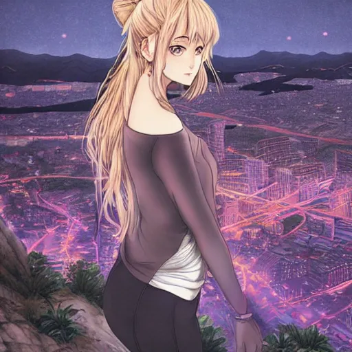 Image similar to beautiful girl looking from the edge of the mountain on the giant night city below, midnight, highly detailed colored manga page, illustration by diego facio, hyper realism