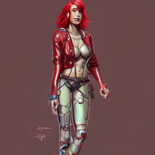 Image similar to a woman wearing a geeky outfit, full body shot, red hair, highly detailed, digital painting, artstation, concept art, smooth, sharp focus, illustration