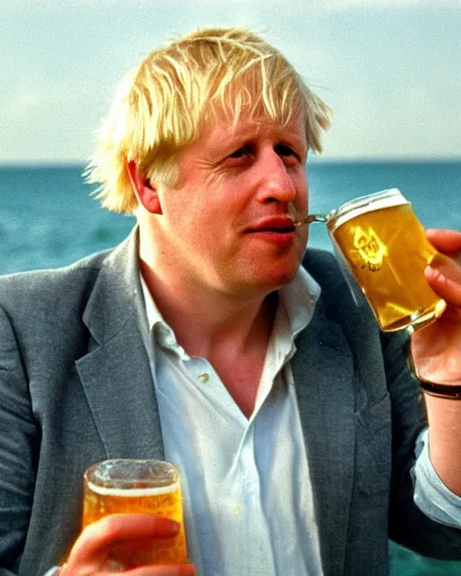 Image similar to film still close - up shot of boris johnson drinking a beer on the beach from the movie monty python's the meaning of life. photographic, photography