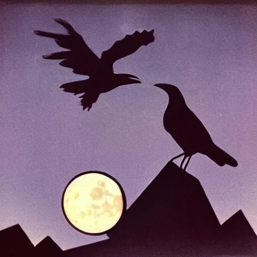 Prompt: “raven in-front of an city under the moon, art deco, 1950’s, glowing highlights, dramatic”