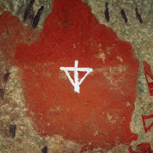 Image similar to red cave painting of cross and ufos ultra hd