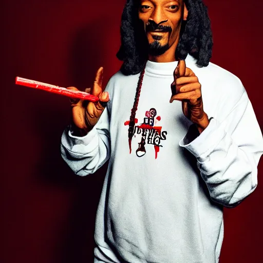 Image similar to Snoop Dog with big eyes eye color red , smiling and holding a joint in his hand