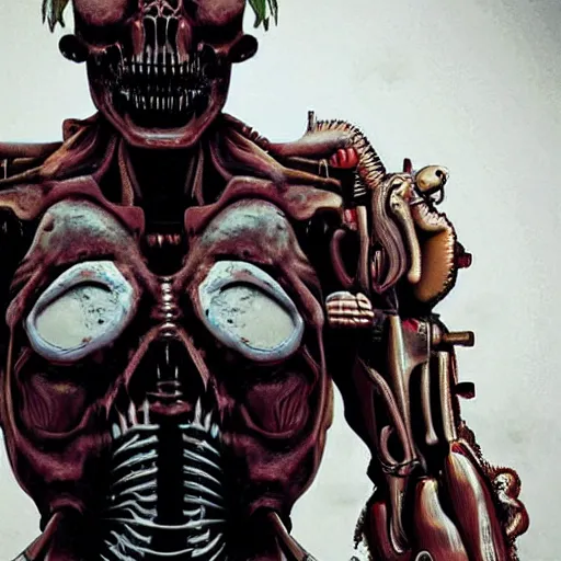 Image similar to gruesome, sci - fi, polychaeta, undead cyborg torso, doom, dino, baboon, red, white