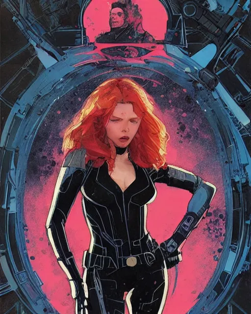 Prompt: comic cover art by david mack and greg rutkowski, black widow full body, tight fit, vivid vector colors, russian female, perfectly symmetrical facial features, hyperdetailed, bleed, spatter, india ink, bill sienkiewicz