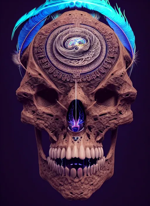 Image similar to 3 d shaman with tattoos profile portrait, sigma 5 0 0 mm f / 5. beautiful intricate highly detailed quetzalcoatl skull and feathers. bioluminescent, plasma, lava, ice, water, wind, creature, thunderstorm! artwork by tooth wu and wlop and beeple and greg rutkowski, 8 k trending on artstation,