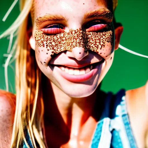 Image similar to a trending photo of over a million views from a female fashion model's instagram account, summer, freckles, smile, green eyes, natural, easygoing, healthy, nikon, leica, zeiss, 5 0 mm lens, flash fill, f 1. 8 depth of field