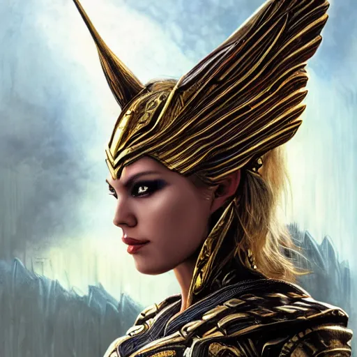 Image similar to valkyrie, norse warrior, wearing a golden armor with norse and viking jewelry by alex gray and android jones, karol bak, ilya golitsyn, ayami kojima, amano, black panther, moebius, concept art, character design, fantasy, 3 d, 8 k resolution