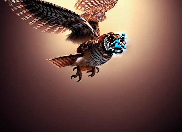 Prompt: an extremely detailed masterpiece photo of a western screech - owl in flight mon in background, in the style of brian froud, brian despain, brian bolland, digital art, unreal engine, volumetric lighting, dark moody lighting, trending on artstation, photorealistic, epic scene