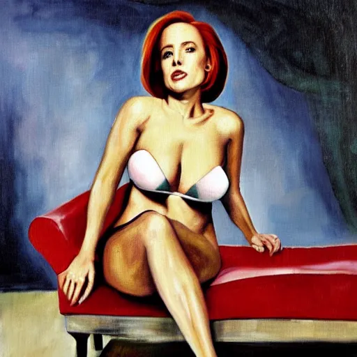 Image similar to dana scully on a chaise lounge, oil on canvas, highly detailed, masterpiece, art by rubens