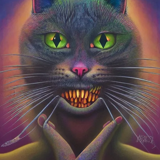 Image similar to a cat having an ego trip, by alex grey, by Esao Andrews and Karol Bak and Zdzislaw Beksinski and Zdzisław Beksiński, trending on ArtStation