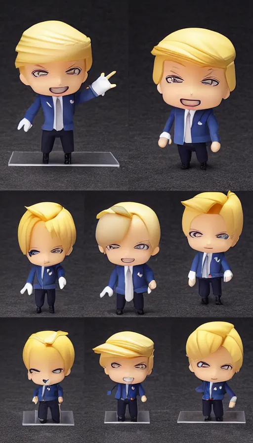 Image similar to singular donald trump nendoroid wearing a prison uniform, well - designed, proportional, realistic lighting, chibi