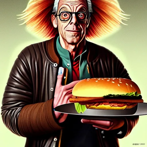 Image similar to portrait of Christopher Lloyd as Doc Brown eating a giant hamburger , extra onions and ketchup, luscious patty with sesame seeds, feminine ethereal, handsome, D&D, fantasy, intricate, elegant, highly detailed, digital painting, artstation, concept art, matte, sharp focus, illustration, art by Artgerm and Greg Rutkowski and Alphonse Mucha