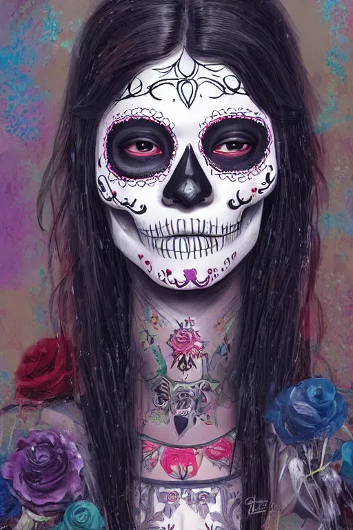 Image similar to Illustration of a sugar skull day of the dead girl, art by Eddie Mendoza