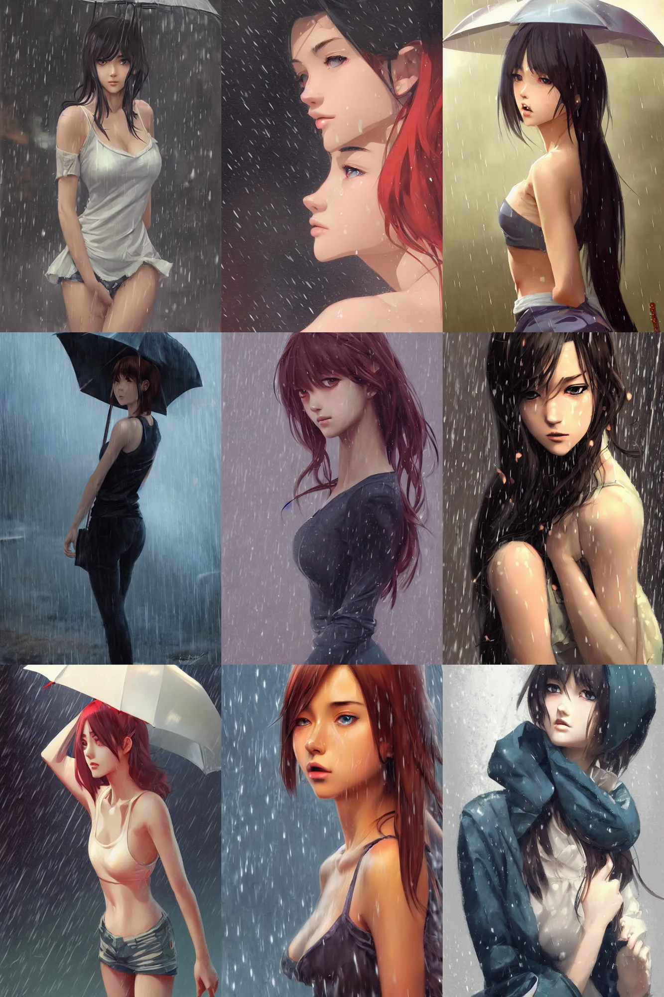 Prompt: a girl in the rain, full shot, realistic shaded perfect body, fine - face, fine details. night setting. very anime style. realistic shaded lighting poster by ilya kuvshinov katsuhiro, magali villeneuve, artgerm, jeremy lipkin and michael garmash, rob rey and kentaro miura style, trending on art station