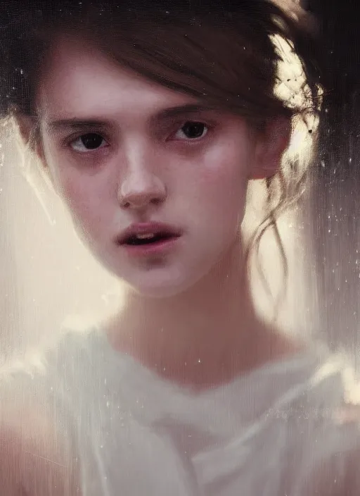 Image similar to close up picture of a white dress girl, hard breathing, messy hair, reaching a hands to the camera, treasures on the background, coveted, beautiful and aesthetic and attractive and detailed face, specular reflection, occlusion shadow, intricate, bokeh, masterpiece, by ilya kuvshinov and jeremy lipking and quentin mabille