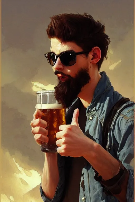 Image similar to a young man wearing raybands holding a beer giving a thumbs up with a long beard, real life skin, intricate, elegant, highly detailed, artstation, concept art, smooth, sharp focus, art by artgerm and greg rutkowski and alphonse mucha