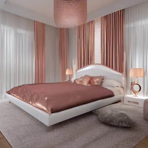 Image similar to 3 d render of white bedroom with rose gold metallic accents