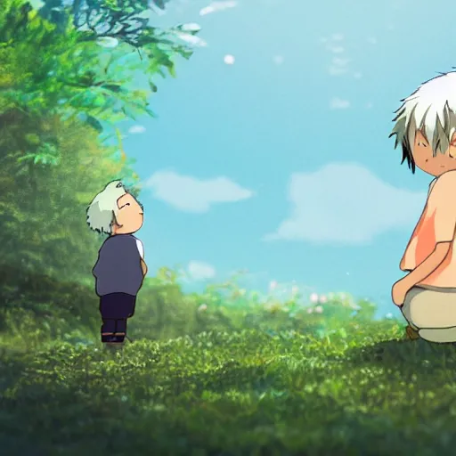 Image similar to friendly guy and small creature , with Fragile looking character made by Studio Ghibli highly detailed art, beautiful scene, focus, smooth, High contrast, depth of field, 8k, clean