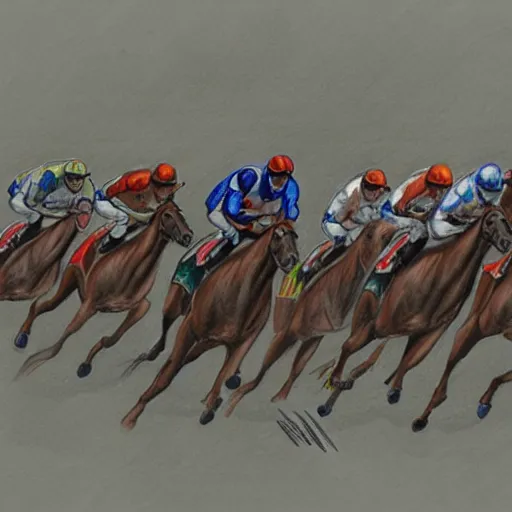 Prompt: horse racing concept art, pencil sketch, colour, color