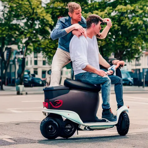 Image similar to A seagull sitting on top of a man, who is riding an electric scooter