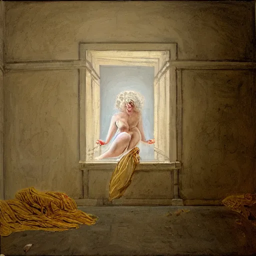 Image similar to thin, blonde women, lost on a labyrinth of concret building, in style of Jean-Honore Fragonard, surrealist