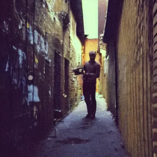 Prompt: grainy cursed footage of a man in a creepy alleyway drinking beans, cursed_image