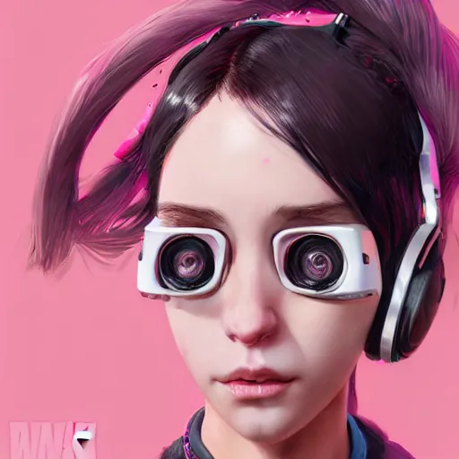 Image similar to a girl with pink and black hair wearing earmuffs and with bionic eyes, digital art, 8 k resolution, unreal engine, highly detailed, very detailed eyes, photorealistic by wlop, greg rutkowski