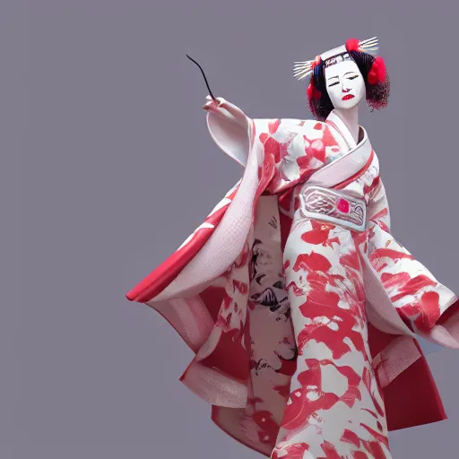 Prompt: albino maiko flying in a smoke kimono, detailed, jewelry, sakura, photograph, award wining, red and white, trending on artstation, punk attitude, 4 k, unreal engine 5, octane render, neon highlights