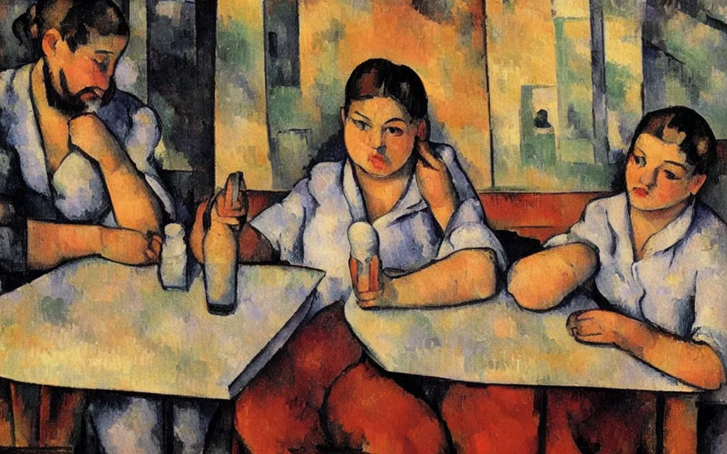 Prompt: in the style of paul cezanne. two hyperpop girls sitting at a wooden table in a bar looking at their phones. there is a bright red lamp hangig above the table. milkshakes