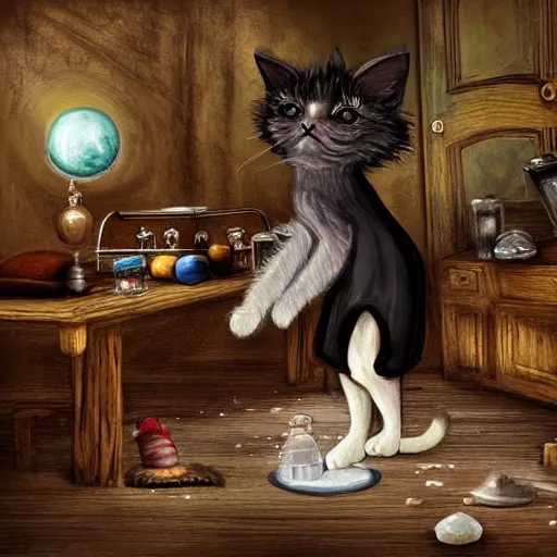 Prompt: a full body beautifull witch with white hair in an old room. A cristal ball on a wood table with a potions and old instruments. A cat on the floor licking his paw. in a fantasy style paiting