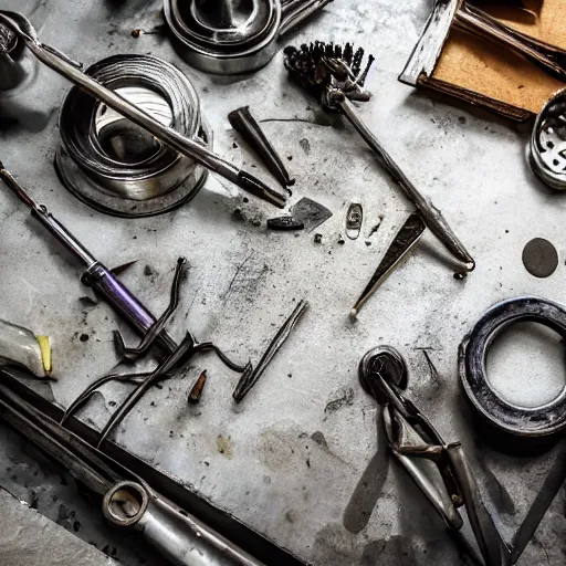 Image similar to A close-up shot of a metal table with laboratory tools and materials in an abandoned biopunk laboratory,