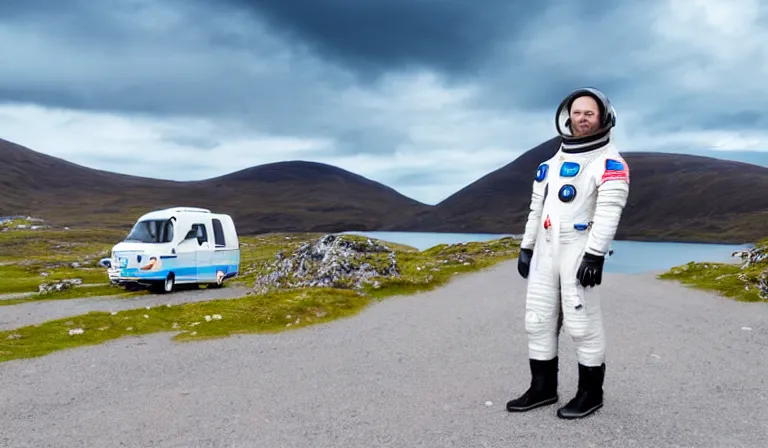 Prompt: tourist astronaut wearing futuristic space suit, standing in the Isle of Harris, Scotland, a futuristic silver campervan in the background, wide angle lens, photorealistic